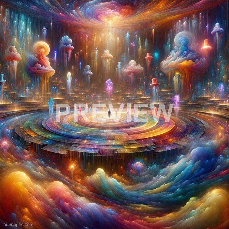 This image depicts a fantastical, surreal scene set in a cosmic, dreamlike environment filled with vibrant, swirling clouds and luminous colorful figures. There are floating clouds with hats, glowing figures standing on concentric circular platforms, and a vast, swirling sky with bright stars and nebulae, creating an otherworldly atmosphere that combines elements of fantasy and space. The entire scene is richly detailed with a kaleidoscope of colors, giving it a magical, ethereal quality.